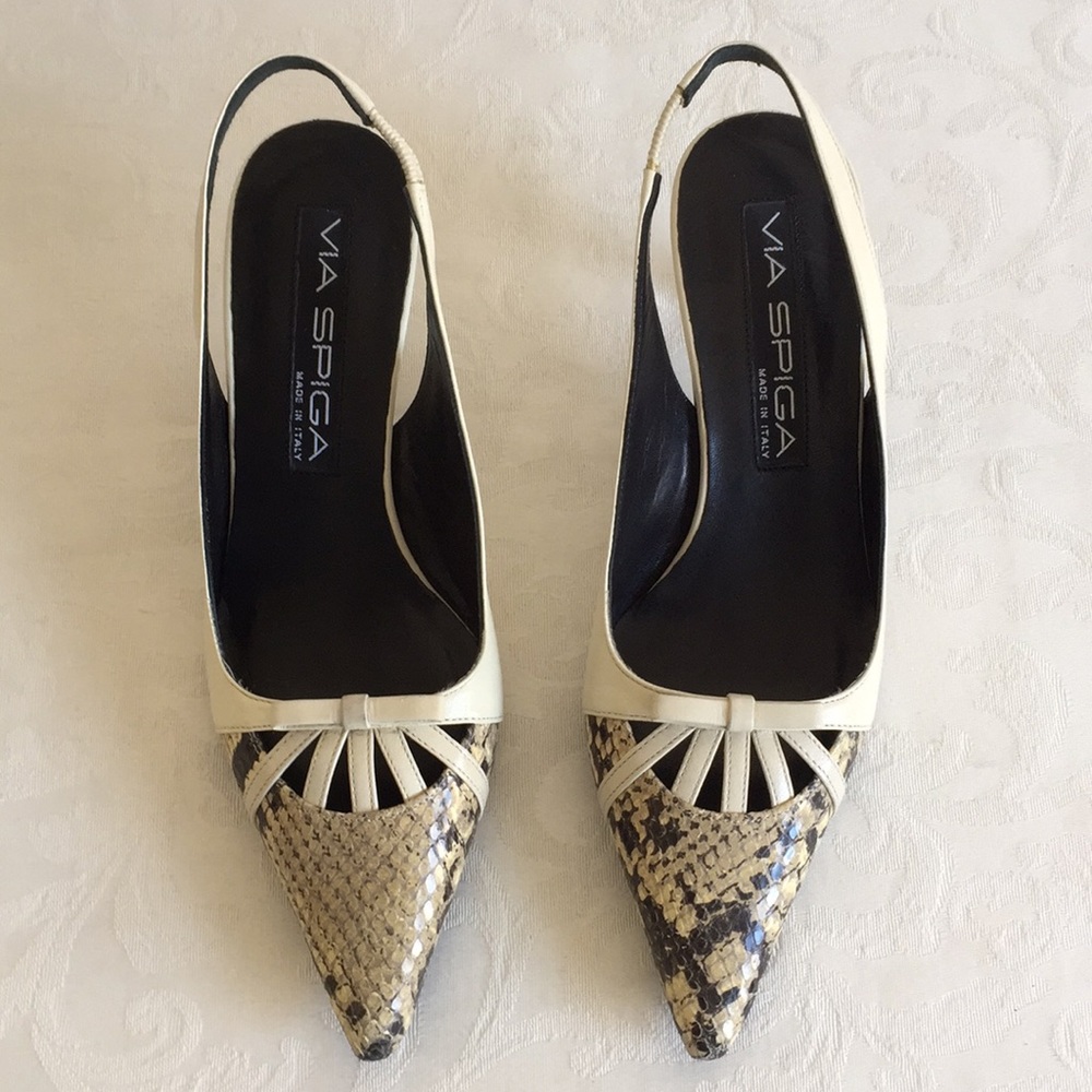 Via Spiga snakeskin bow pumps